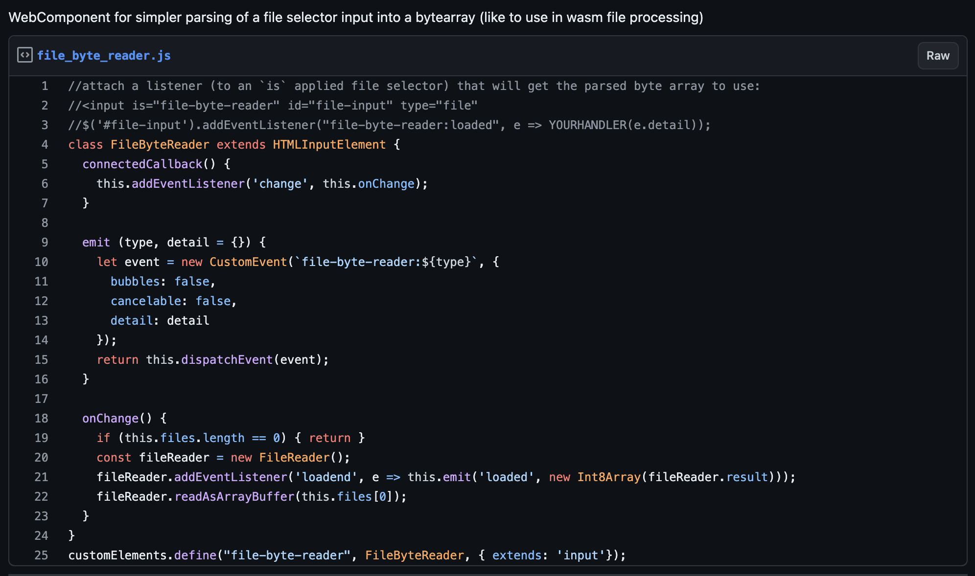 Minimal WebComponent to parse file selectors into bytearrays